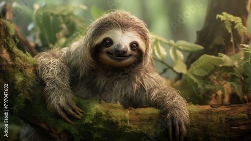 A smiling sloth perched on a mossy branch in the dense rainforest  surrounded by lush greenery