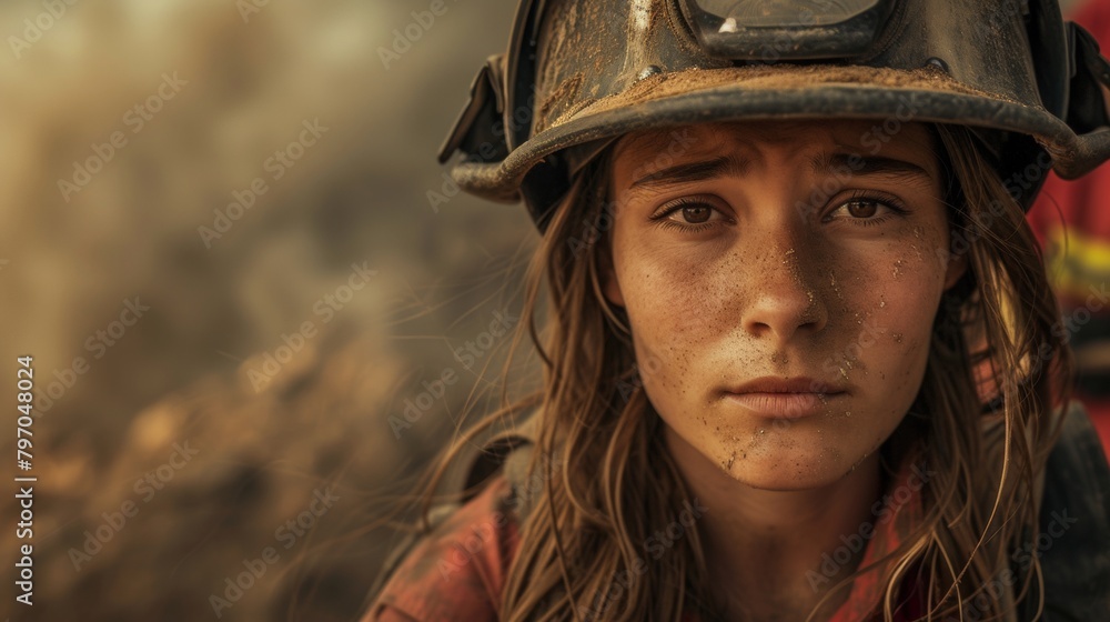 Closeup portrait of a tired female firefighter Closeup portrait of a tired female firefighter