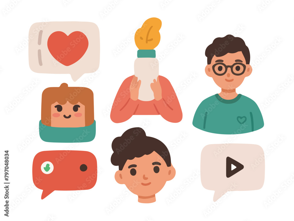 Set Of Flat Sticker Figures - Vector Illustration with Supporting Elements. Set Of Flat Sticker Figures - Vector Illustration with Supporting Elements.