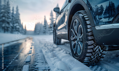 Brand new winter car tires showcased against a snowy road backdrop. © ELmidoi-AI