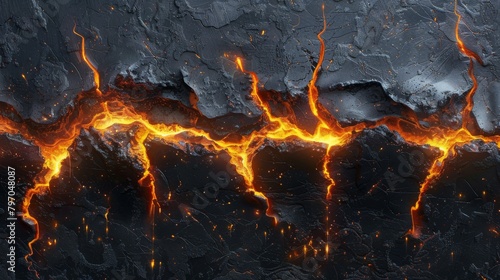 Molten metal streams flowing through cracked solid surface, dramatic and intense visual
