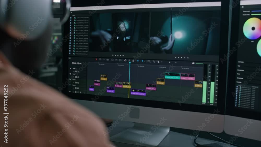Medium close-up tilting shot of young black man with mobility impairment, using wheelchair, riding up towards desk, editing video clips for movie or film on computer with dual screen Medium close-up tilting shot of young black man with mobility impairment, using wheelchair, riding up towards desk, editing video clips for movie or film on computer with dual screen