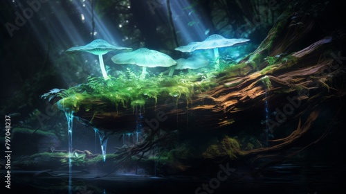 Enchanted forest scene with bioluminescent mushrooms glowing on a decaying log