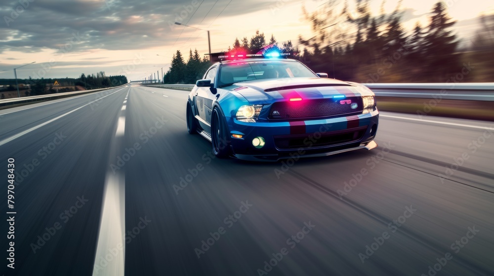 Police car with flashing red blue light driving on city road Police car with flashing red blue light driving on city road