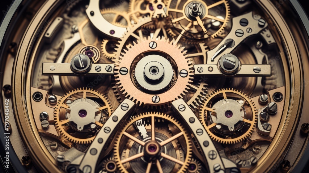 Detailed close-up of a sophisticated clock mechanism with gears and cogs