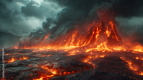 Debris falls due to mountain collapse Concept Natural Disasters,Closeup of lava erupting from a volcano