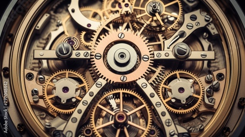 Detailed close-up of a sophisticated clock mechanism with gears and cogs © Yusif