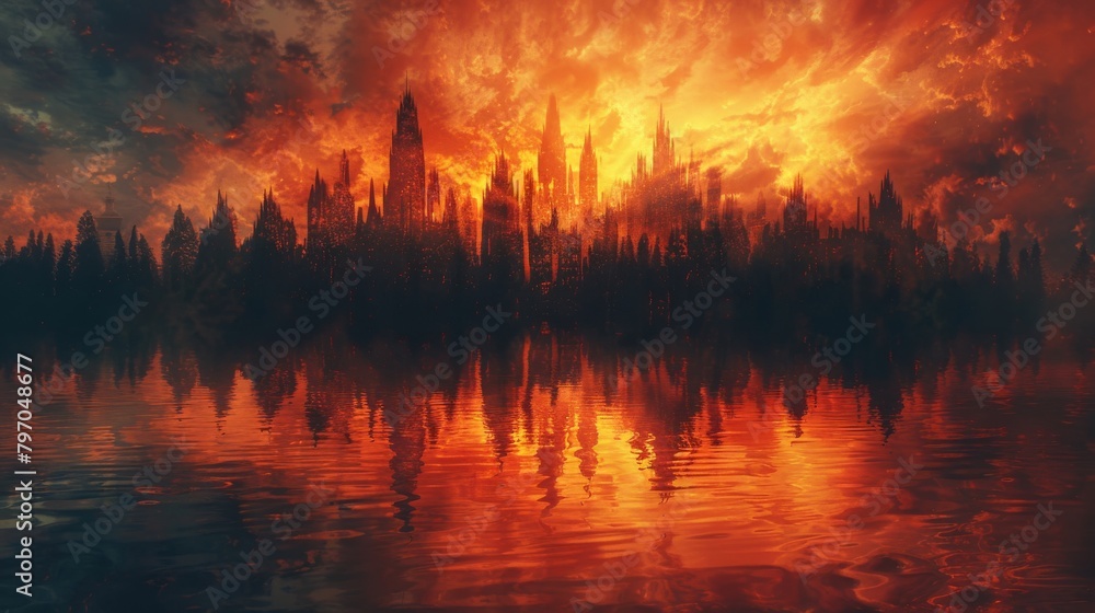 Dramatic cityscape silhouette engulfed in flames reflecting in the water