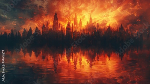 Dramatic cityscape silhouette engulfed in flames reflecting in the water