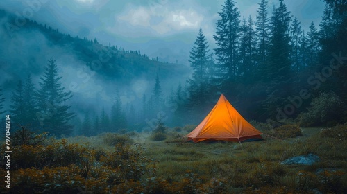 Serene camping in misty mountains at twilight