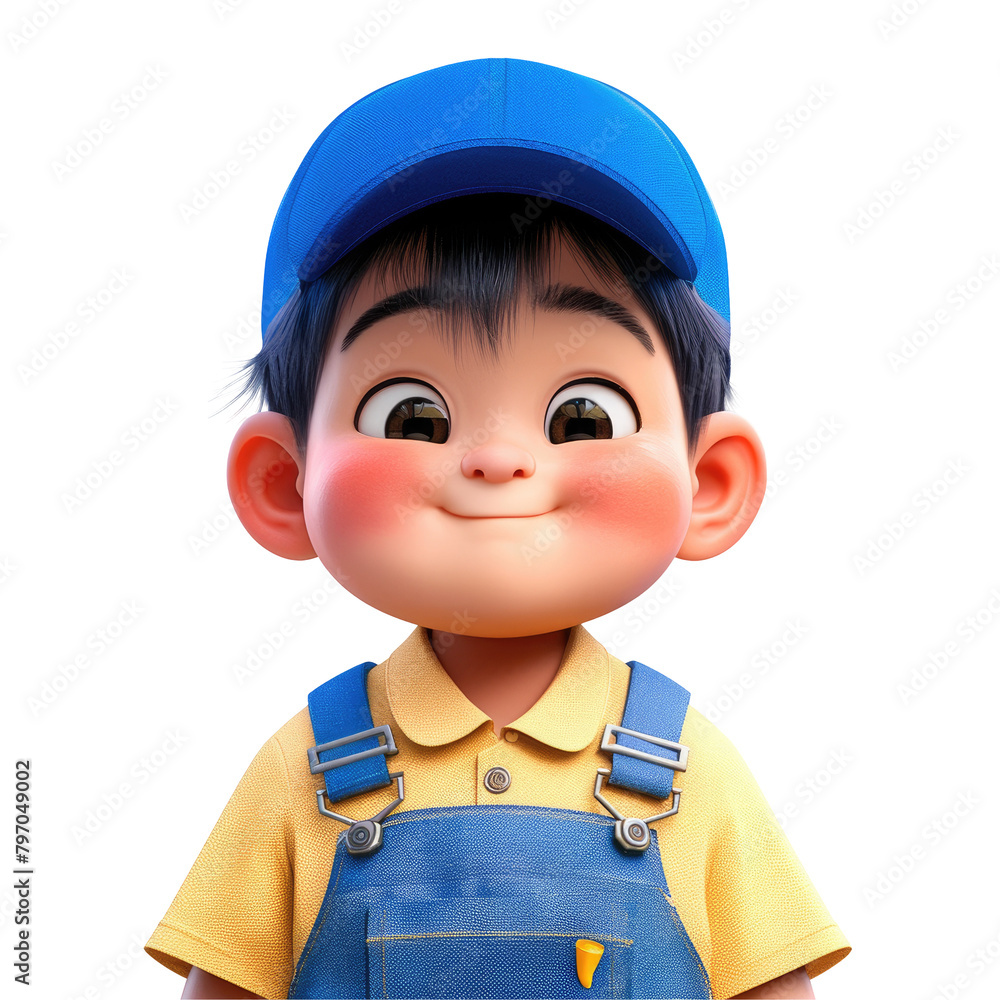 An Asian styled cartoon boy worker is portrayed against a transparent background An Asian styled cartoon boy worker is portrayed against a transparent background