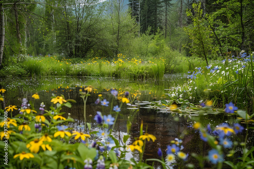 A tranquil forest pond surrounded by vibrant wildflowers.