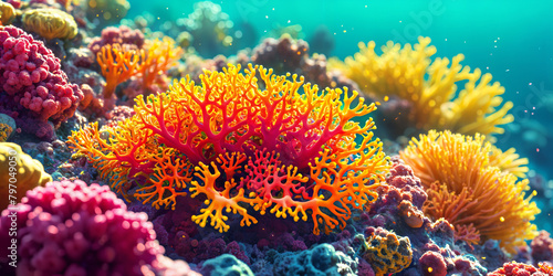 A vibrant underwater scene with a variety of colorful corals and sea creatures, including a large red coral prominently displayed in the center.