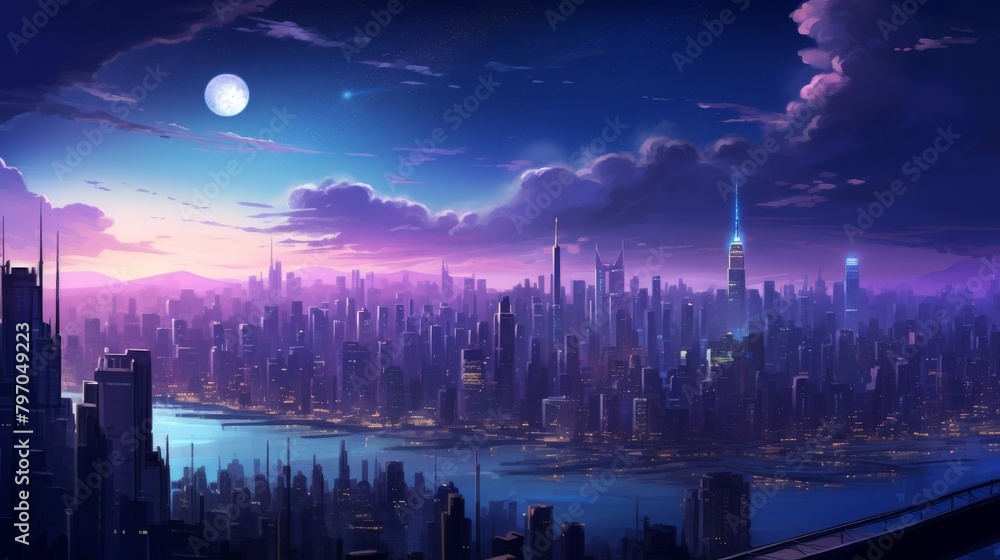 Stunning futuristic city skyline under a moonlit sky, highlighting modern architecture and a serene river