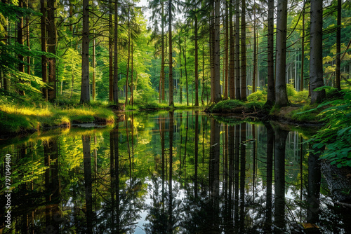 A tranquil forest pond surrounded by tall trees, reflecting their beauty in its still waters.