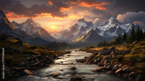Majestic sunset over snowy mountain peaks and river
