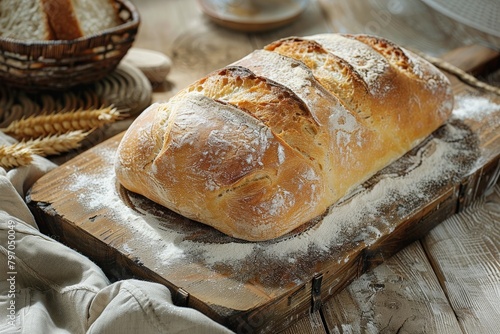 Close-up of a sliced loaf of olive bread placed on a chopping board. Selective focus.. Beautiful simple AI generated image in 4K, unique.