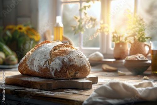 home - baked sourdough bread loaf, multiple stages from dough to final loaf, kitchen setting with marble counter, ambient lighting. Beautiful simple AI generated image in 4K, unique.