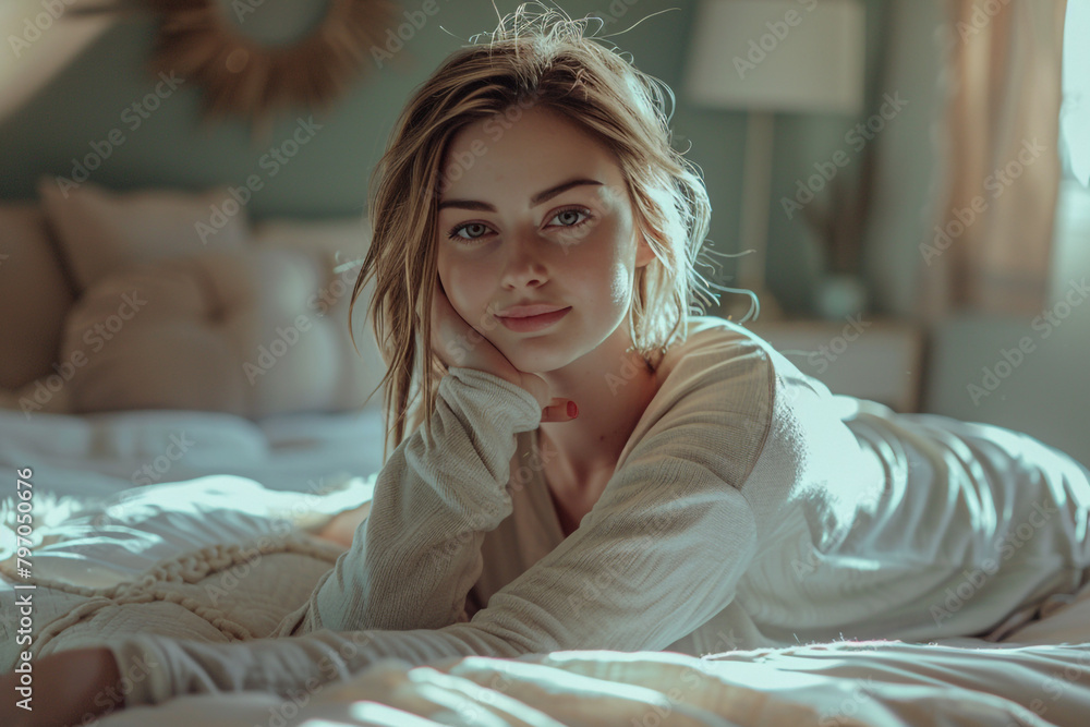 Serene lady lounging in her bedroom, making eye contact with the lens
