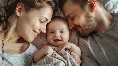 Top view of cute baby with dad and mom in bed. Happy family.