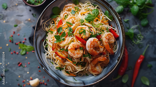 Asian rice noodles with shrimp and vegetables close up on the table, top view of a horizontal 
