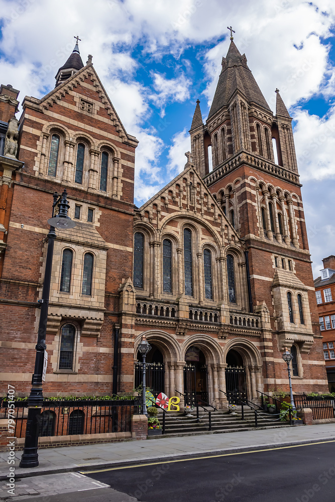 Red brick Ukrainian Cathedral of the Holy Family (1891), previously Ukrainian Catholic Cathedral of Holy Family in Exile, Ukrainian Greek Catholic Eparchy of Holy Family of London. London, UK.