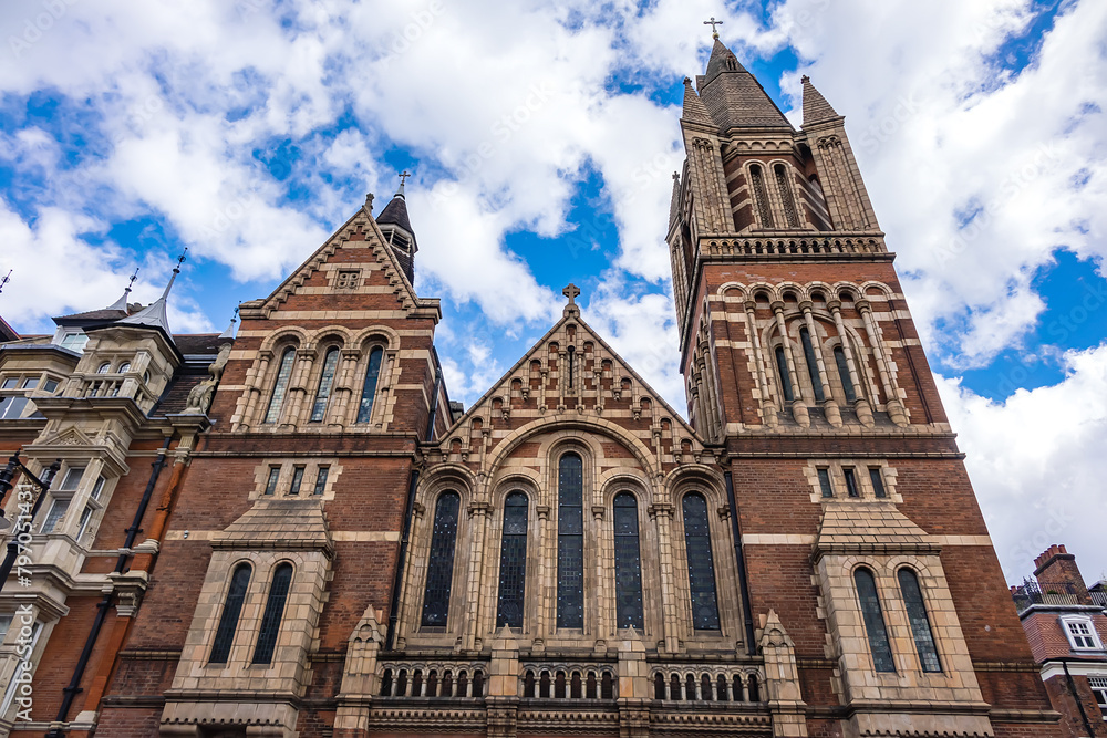 Red brick Ukrainian Cathedral of the Holy Family (1891), previously Ukrainian Catholic Cathedral of Holy Family in Exile, Ukrainian Greek Catholic Eparchy of Holy Family of London. London, UK.