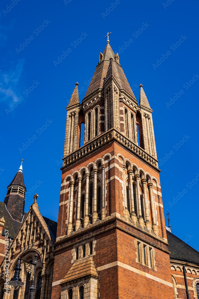 Fototapeta premium Red brick Ukrainian Cathedral of the Holy Family (1891), previously Ukrainian Catholic Cathedral of Holy Family in Exile, Ukrainian Greek Catholic Eparchy of Holy Family of London. London, UK.