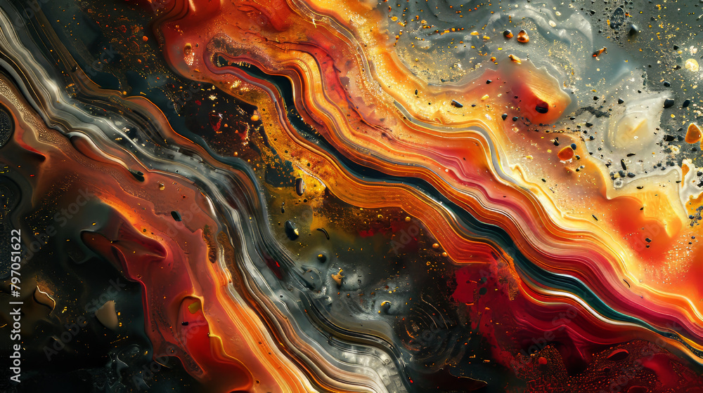 A painting of a wave with a lot of gold and red colors A painting of a wave with a lot of gold and red colors