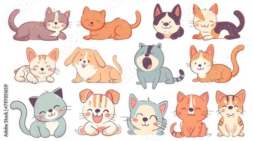 Flat Vector illustration of cute cat. Collection sets