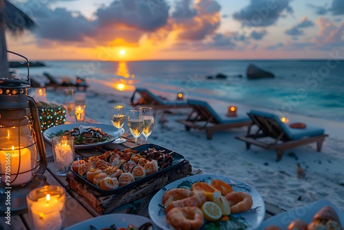 Illustration of delicious looking food beautifully arranged on a beach by the sea. Can be used to attract tourists, promote seaside restaurants, food products, catering services or travel packages