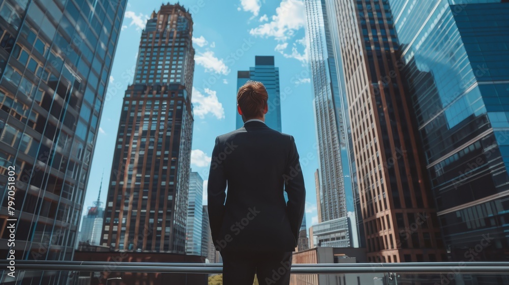 An ambitious man in a suit stands looking up at the skyscrapers, pondering city life An ambitious man in a suit stands looking up at the skyscrapers, pondering city life