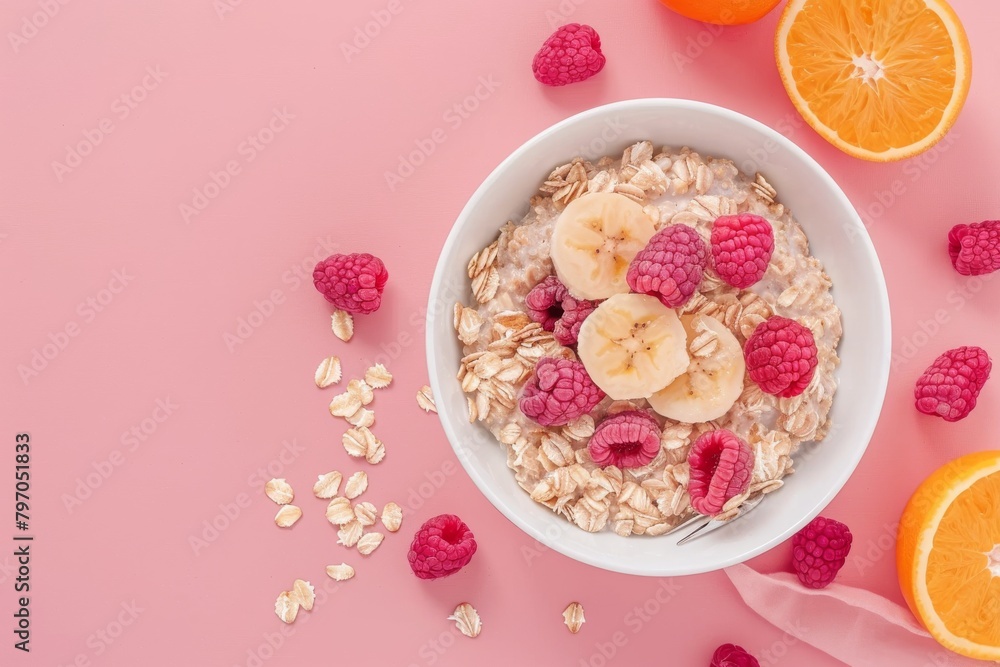 Banana and cow-colored breakfast setups introduce a colorful diet health choice enriched with nutrition-focused cereal, rolled oats, crunchy granola, and a morning routine's nutritional needs. Banana and cow-colored breakfast setups introduce a colorful diet health choice enriched with nutrition-focused cereal, rolled oats, crunchy granola, and a morning routine's nutritional needs.