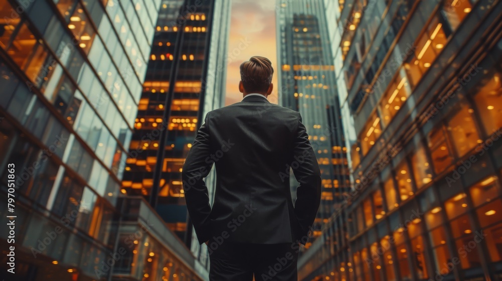 A purposeful businessman stands with his back to the camera facing a corridor of glass buildings A purposeful businessman stands with his back to the camera facing a corridor of glass buildings