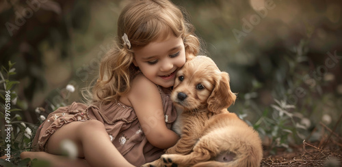 A kid holding a dog in arms in outdoor park