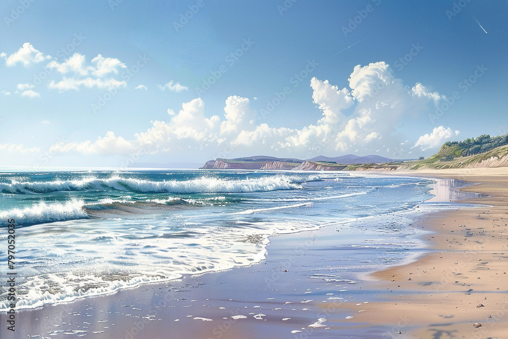 A tranquil beach with waves gently rolling onto the shore