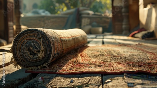 A detailed image of a Bakri Eid prayer mat being rolled out, symbolizing the importance of prayer during the festival.