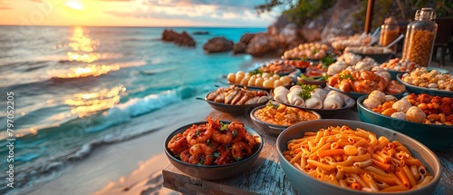Illustration of delicious looking food beautifully arranged on a beach by the sea. Can be used to attract tourists, promote seaside restaurants, food products, catering services or travel packages photo