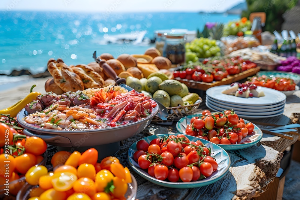 Illustration of delicious looking food beautifully arranged on a beach by the sea. Can be used to attract tourists, promote seaside restaurants, food products, catering services or travel packages