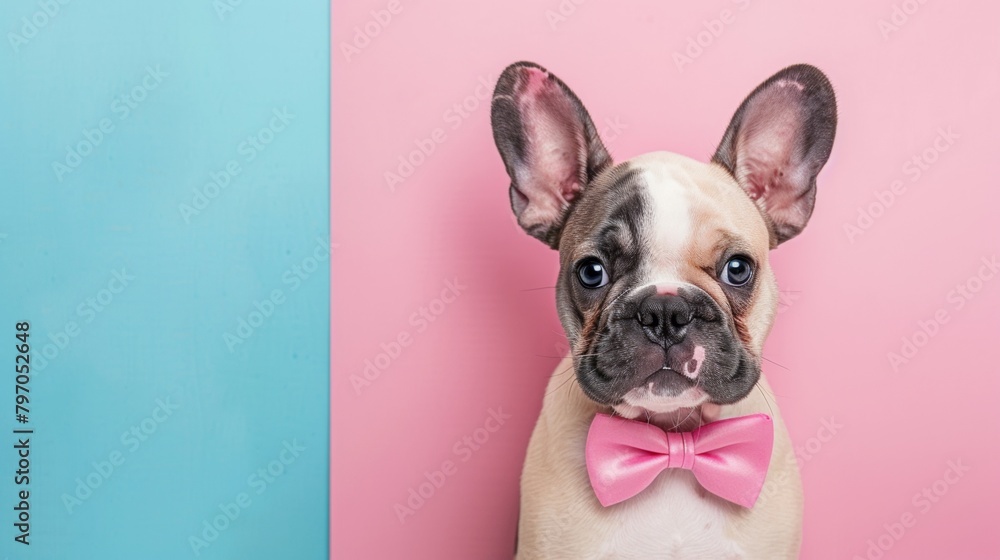 Cute dog with pink bow tie peeping with plain background.