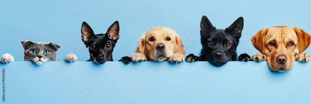 Cute dog and cat peeping with plain background.