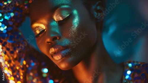 portrait of a black person with shimmering makeup and sequin dress dancing in a nightclub