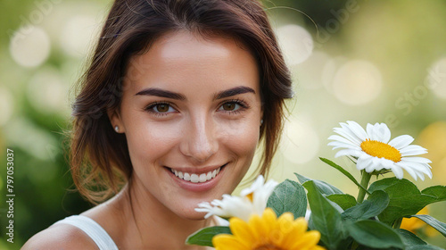 Portrait of a smiling young woman without makeup with a bouquet of flowers. Fragment. AI generative...