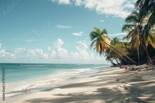 A tranquil beach with palm trees swaying in the gentle breeze