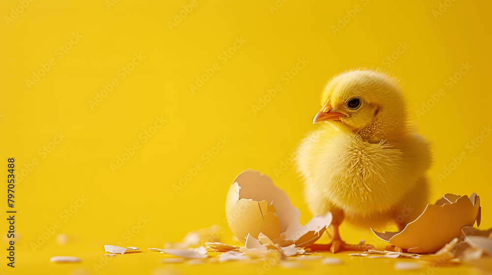 Little Easter chicken with egg on the yellow background. AI generative.
