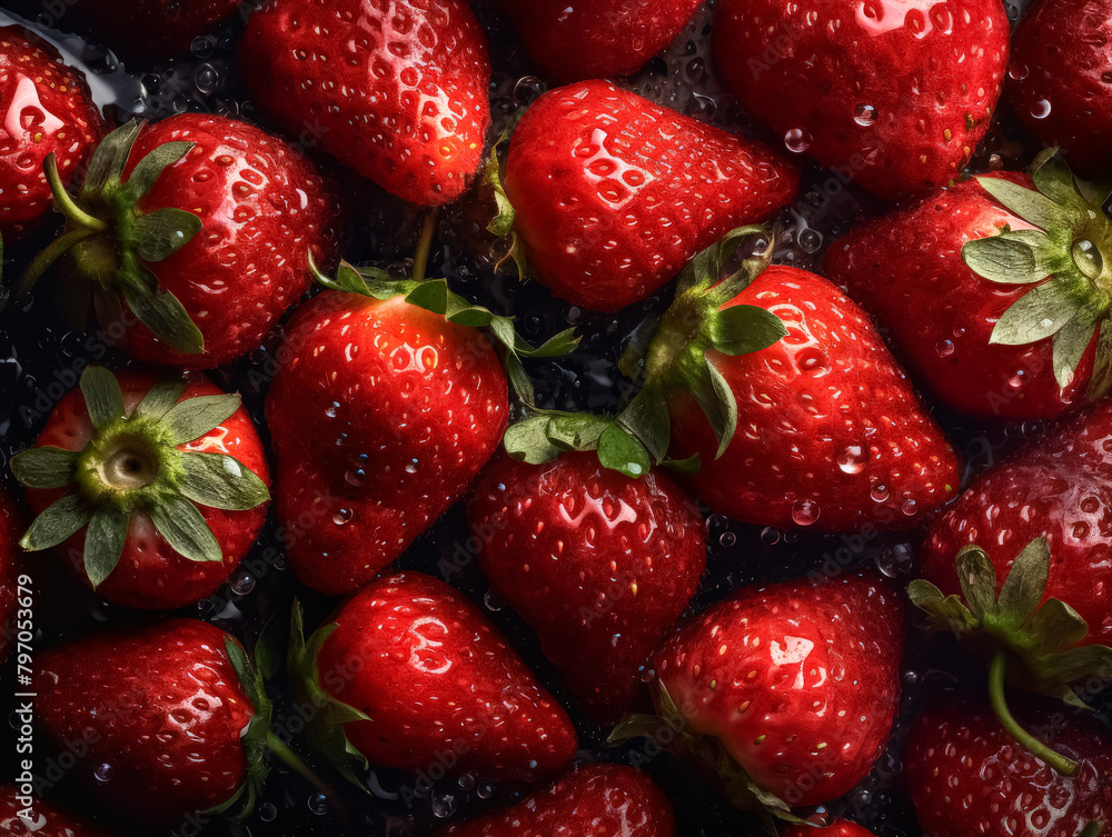 A close up of a bunch of red strawberries. The strawberries are fresh and ripe, and they are arranged in a way that makes them look like they are ready to be eaten. Concept of abundance and freshness A close up of a bunch of red strawberries. The strawberries are fresh and ripe, and they are arranged in a way that makes them look like they are ready to be eaten. Concept of abundance and freshness