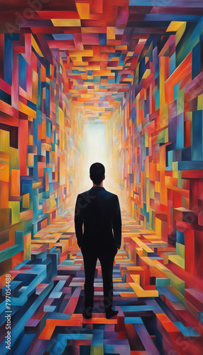 A man standing before a bright corridor made of geometric shapes, recreating a unique atmosphere of modern art