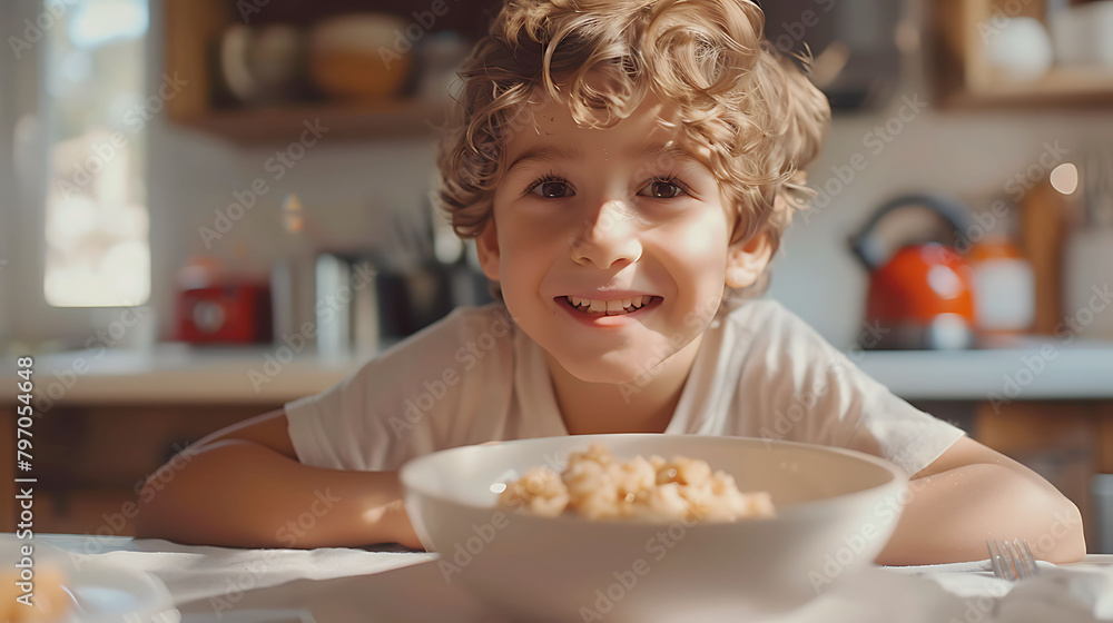 Cheerful boy eating porridge for breakfast at home