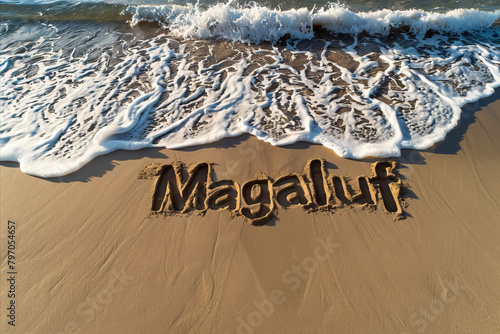 Magaluf, Spain written in the sand on a beach. Spanish tourism and vacation background photo