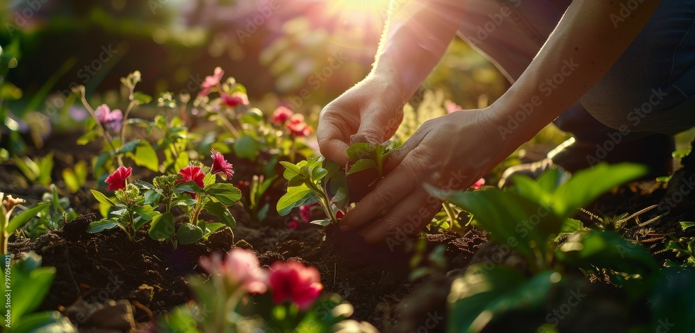 Person planting in a garden with sun setting in the background.
